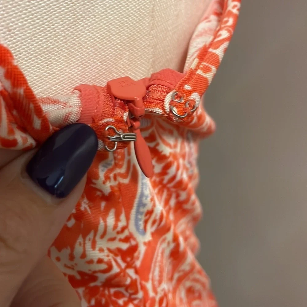 TORY BURCH orange floral stretchy SILK KNIT DRESS. Sleeveless zippered side Med